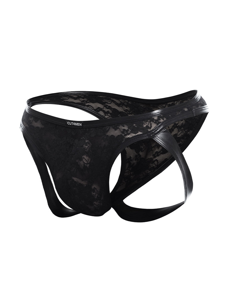 Cut4Men - Sexy Kanten Jockstrap - PU-lederen Bandjes - Zwart-Erotiekvoordeel.nl