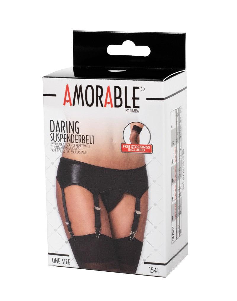 Amorable - Wetlook Jarretelgordel Met Slip En Kousen - Zwart - One Size-Erotiekvoordeel.nl