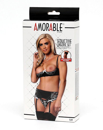 Amorable by Rimba - Erotische Lingerieset - Open Cup BH Met String Jarretelgordel En Kousen - Zwart Wit - Verkrijgbaar in de Maten S/M en L/XL-Erotiekvoordeel.nl