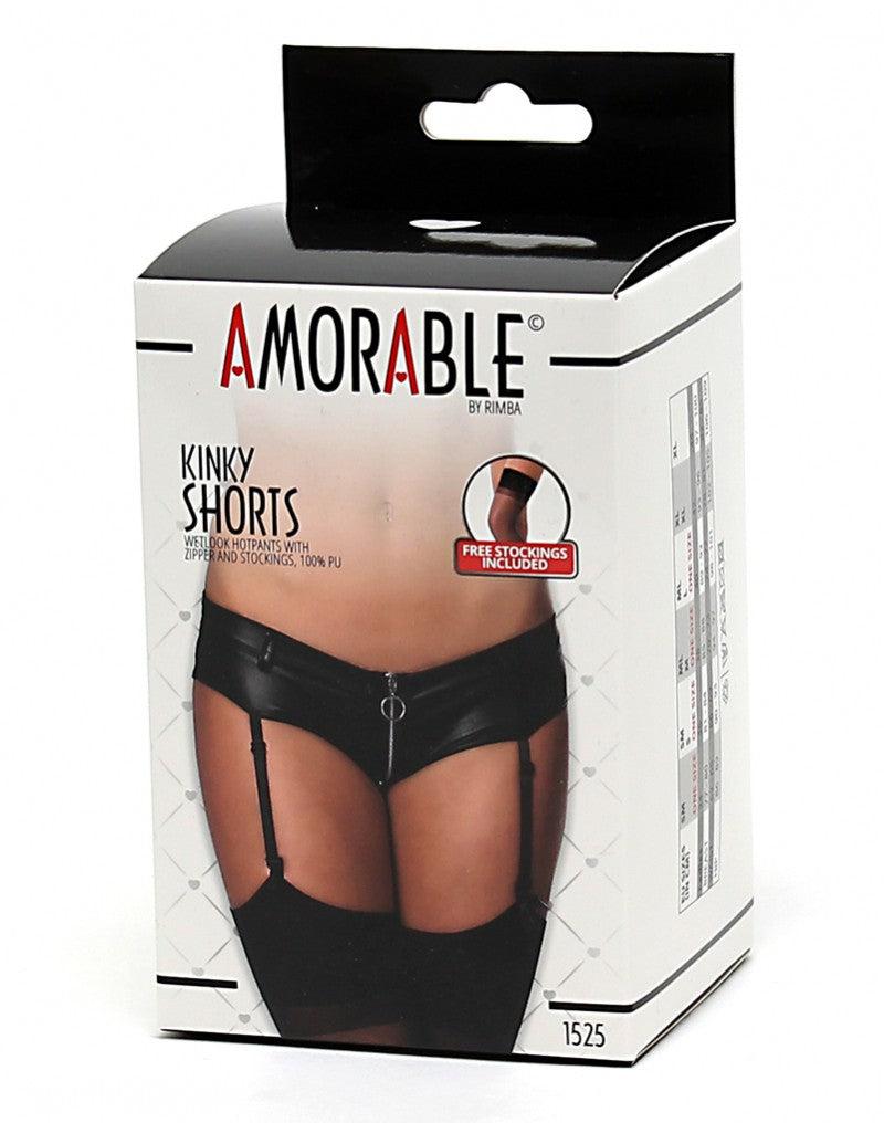 Amorable - Erotische Slip - Wetlook Hotpants Met Rits In Kruis inclusief Jarretels En Kousen - One Size-Erotiekvoordeel.nl