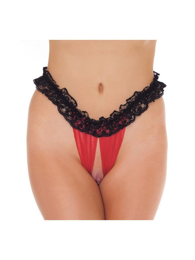 Amorable - Burlesque Slipje Met Kanten Ruche En Open Kruis - Zwart/Rood-Erotiekvoordeel.nl