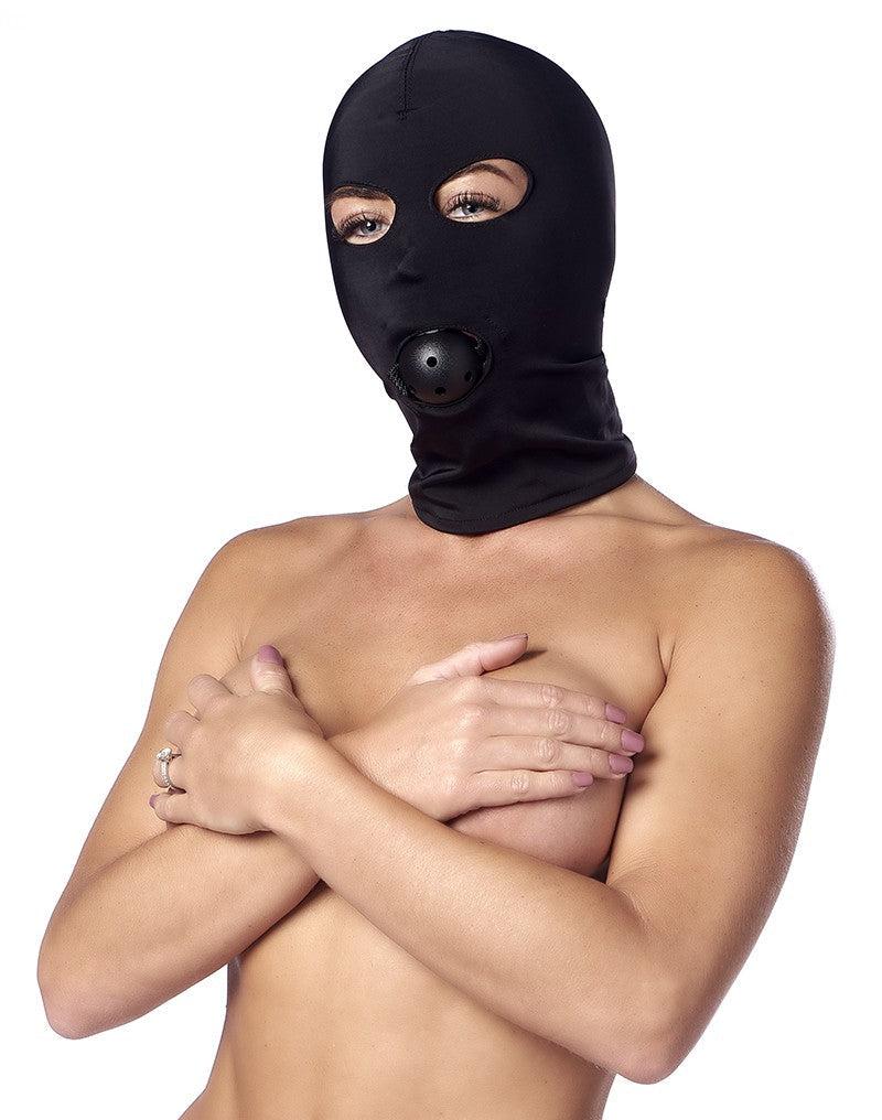 Elastisch hoofdmasker van soepele stof met ball gag - zwart - Erotiekvoordeel.nl