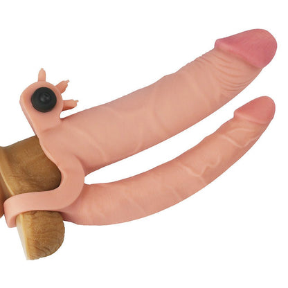 Pleasure X-tender Vibrerende dubbele penis sleeve 18 en 14 cm - huidskleur - Erotiekvoordeel.nl