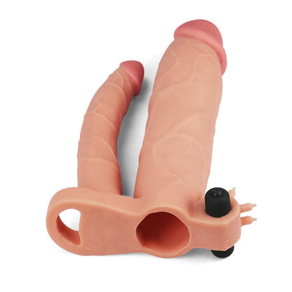 Pleasure X-tender Vibrerende dubbele penis sleeve 21 en 17 cm - huidskleur - Erotiekvoordeel.nl