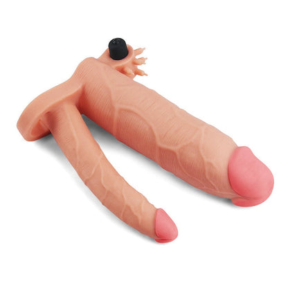 Pleasure X-tender Vibrerende dubbele penis sleeve 21 en 17 cm - huidskleur - Erotiekvoordeel.nl