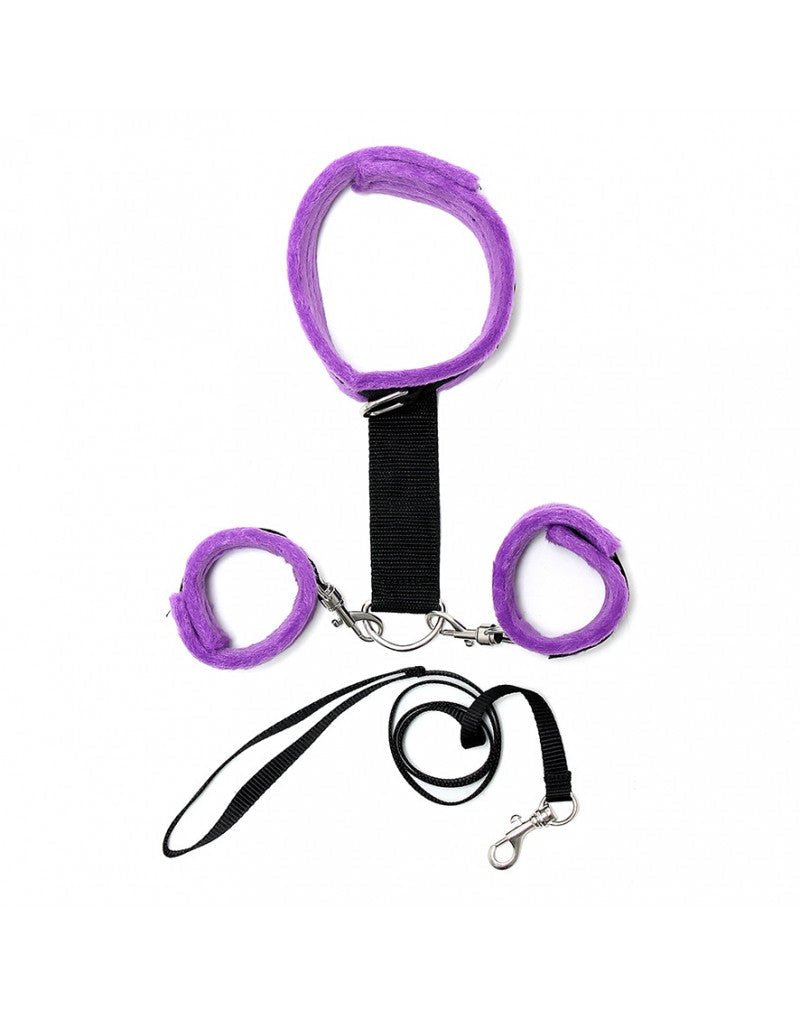 Soft Bondage Collar met handboeien en leiband - zwart/paars - Erotiekvoordeel.nl