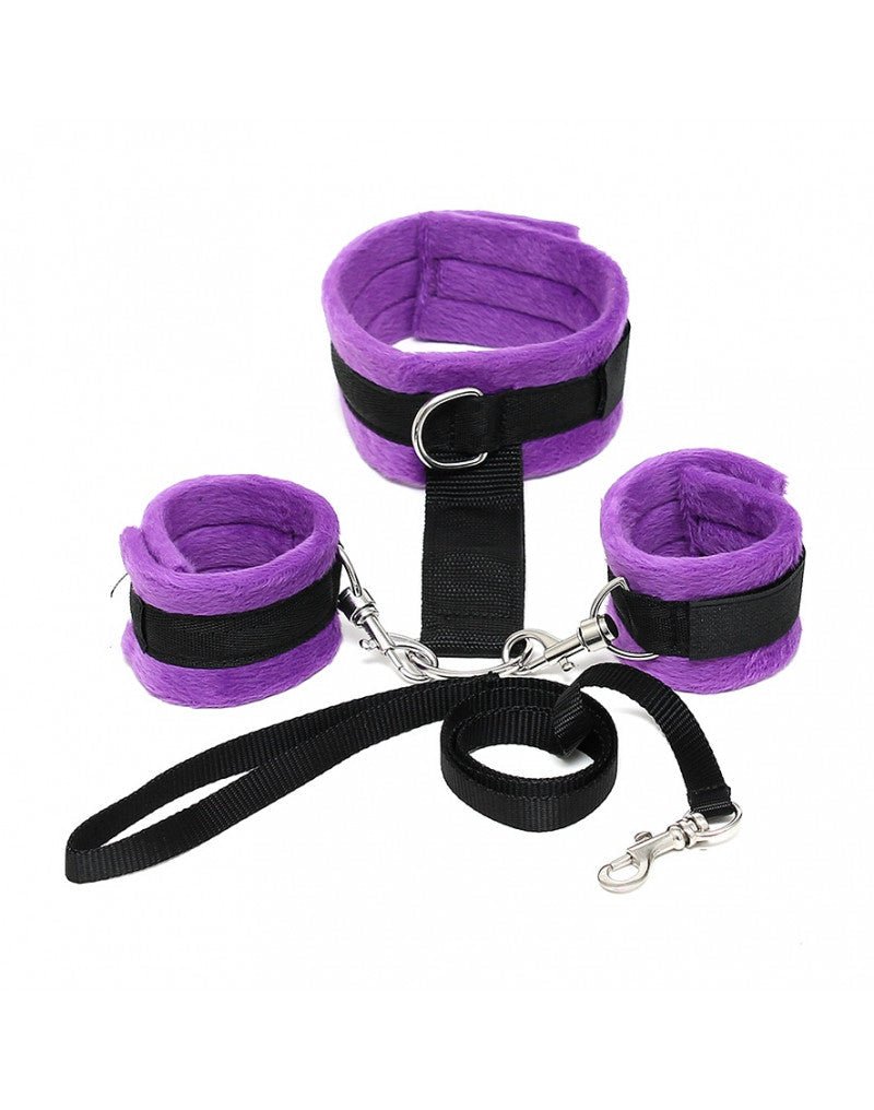 Soft Bondage Collar met handboeien en leiband - zwart/paars - Erotiekvoordeel.nl